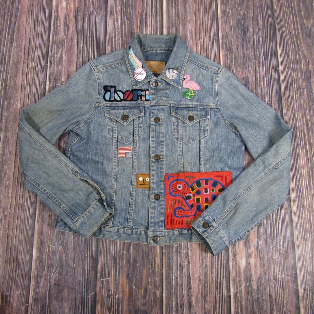 Earl Jean Jacket Womens Medium Blue Denim Original 443 Patches The Doors Custom